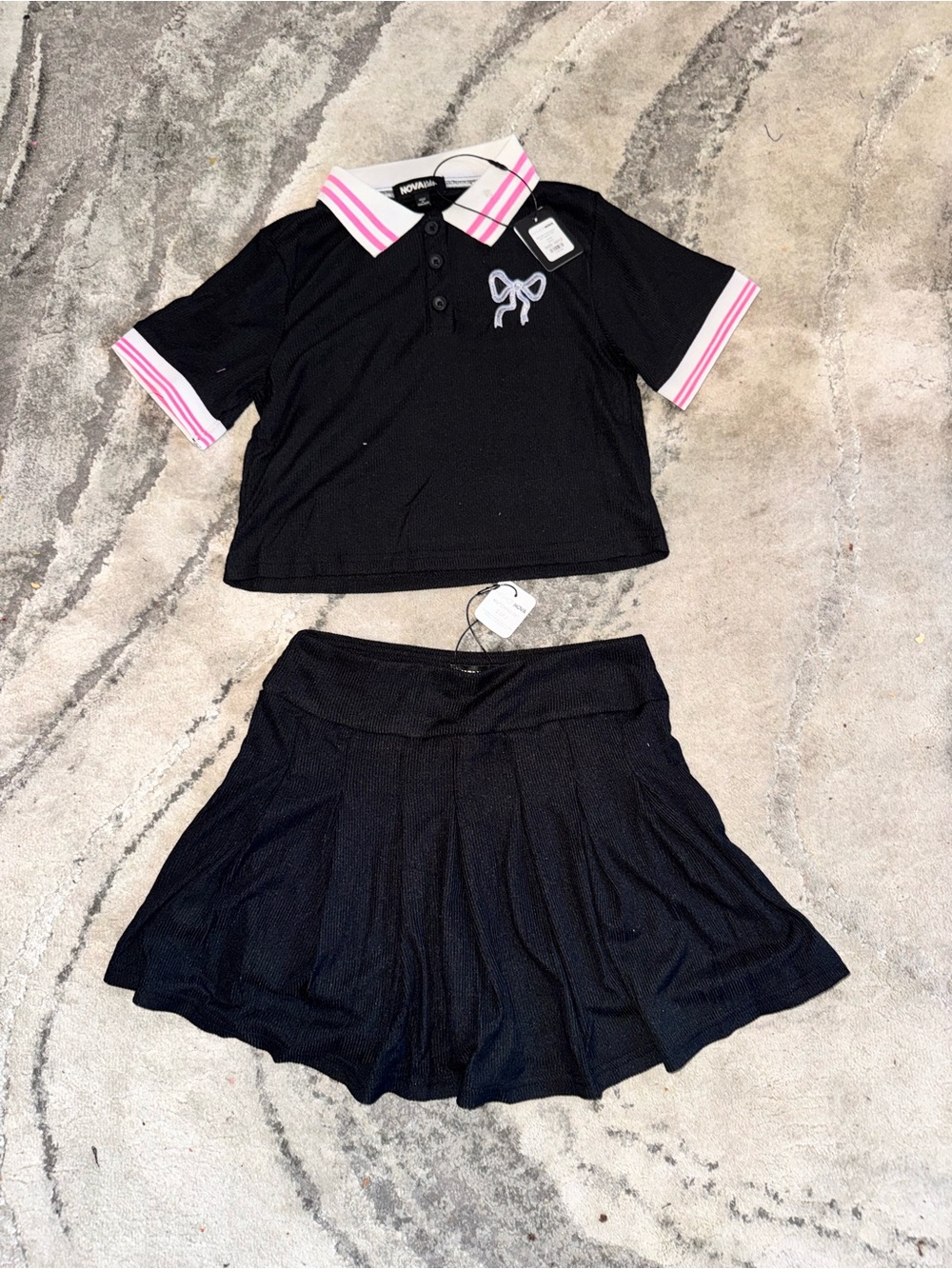 MonnaLisa Black Polo Crop Top Set with Pink Trim and Embroidered Bow